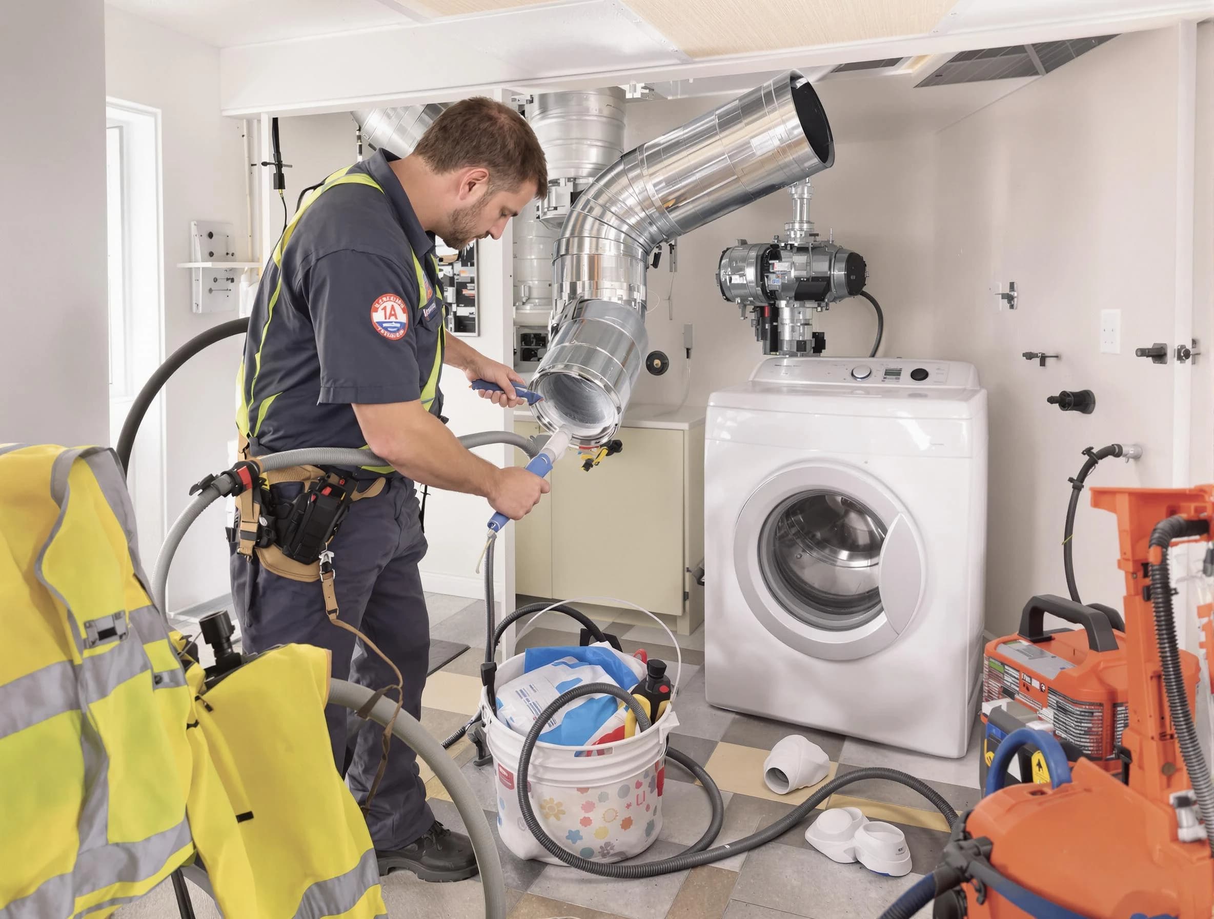 Guadalupe Dryer Vent Cleaning technician using specialized equipment to clear severe dryer vent blockage in Guadalupe