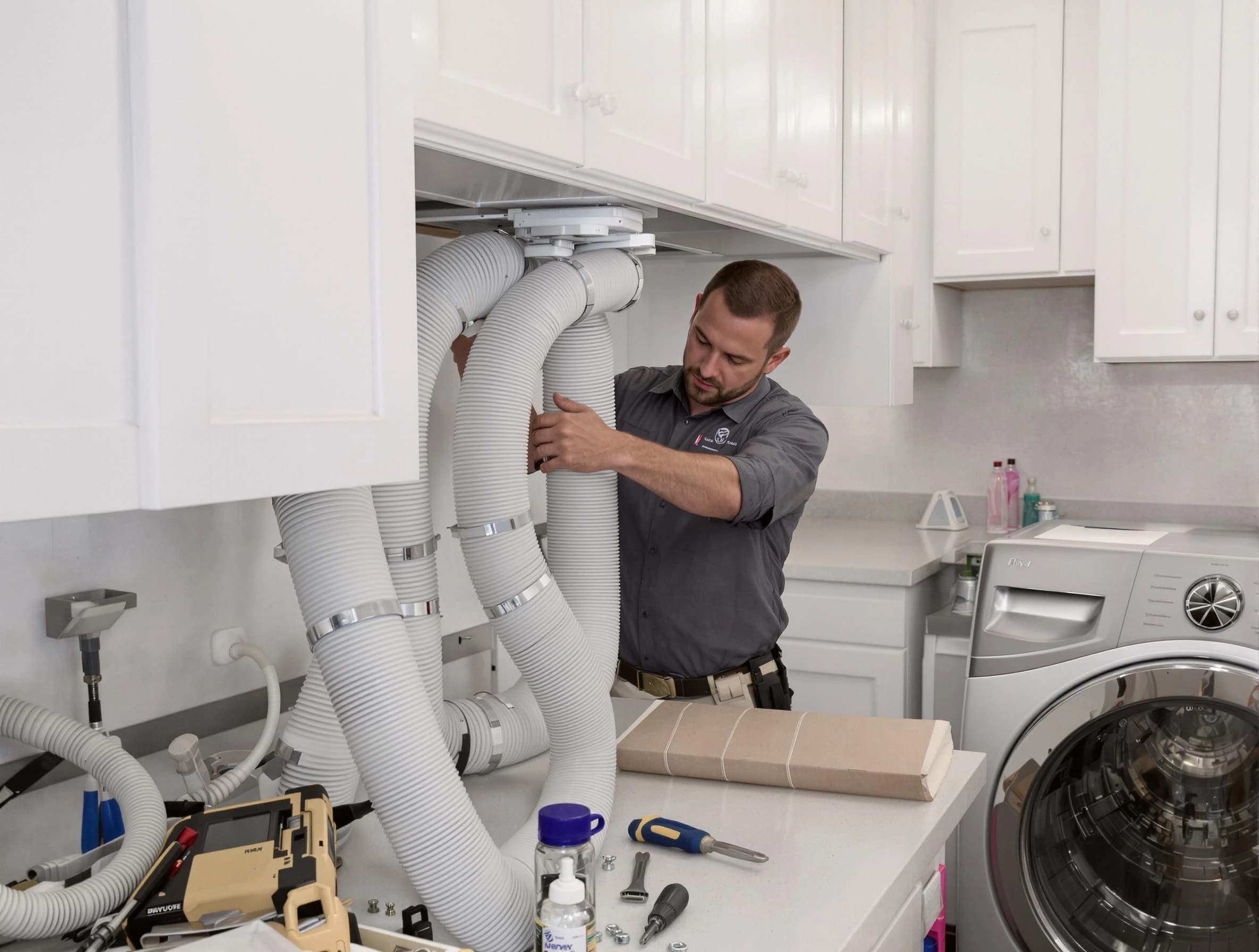 Guadalupe Dryer Vent Cleaning technician installing a new professional-grade dryer vent hose in Guadalupe