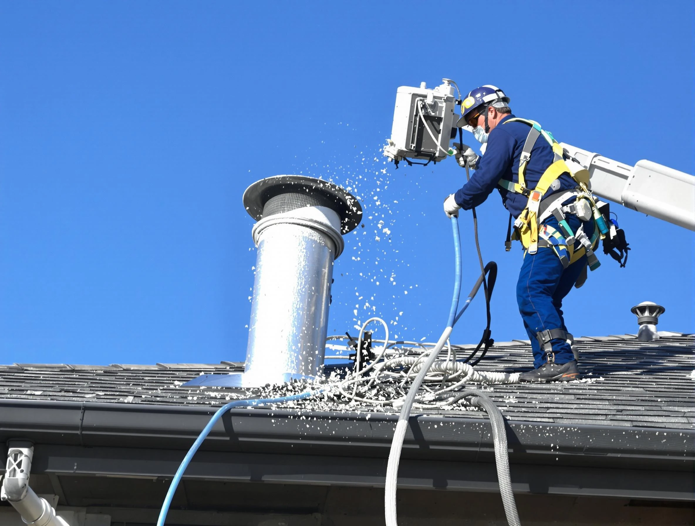 Guadalupe Dryer Vent Cleaning certified technician safely cleaning a roof-mounted dryer vent in Guadalupe