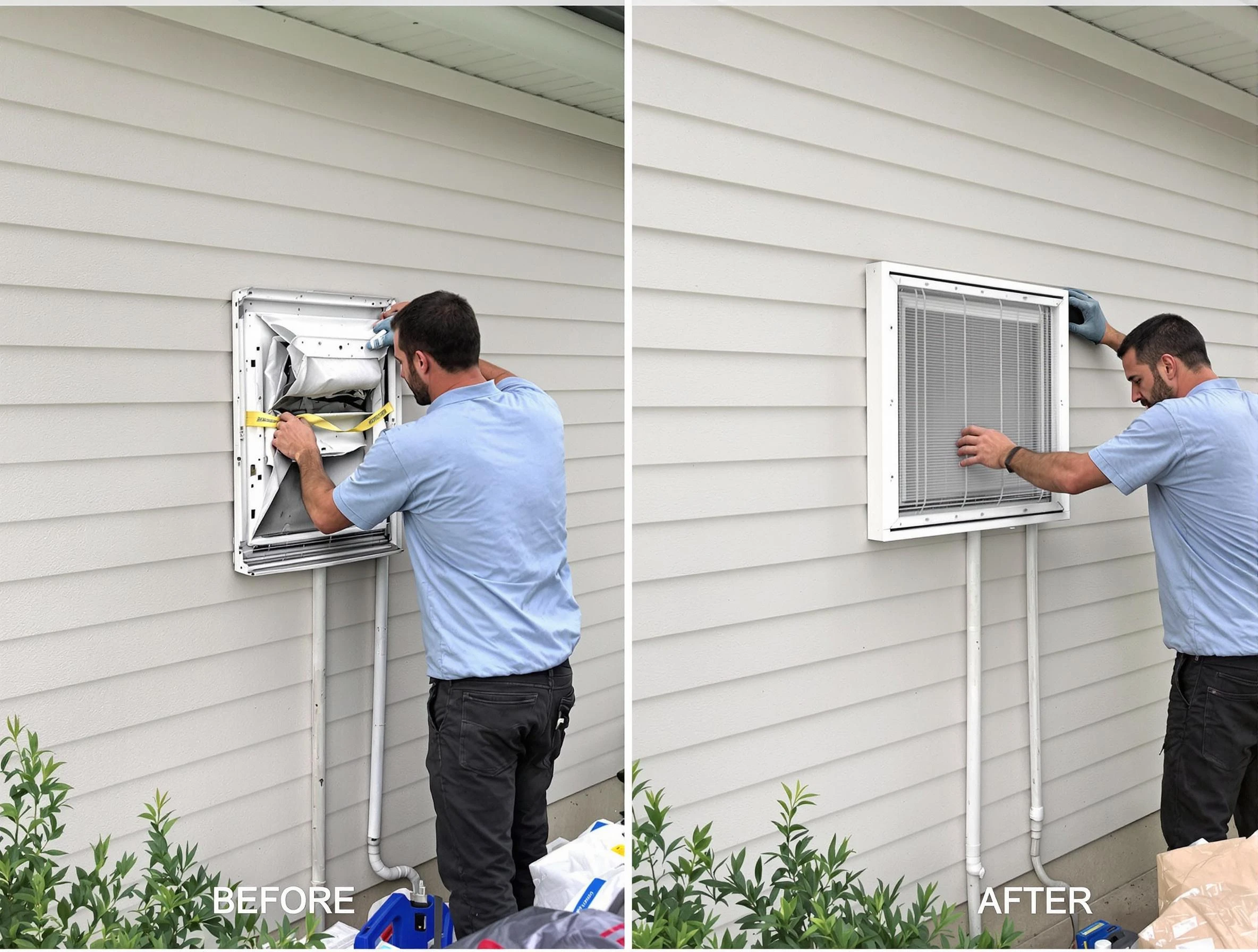Guadalupe Dryer Vent Cleaning technician installing high-quality dryer vent cover at a residential property in Guadalupe